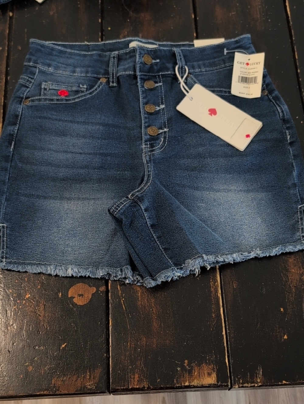 Get Lucky Brand Mid-High Rise Dark Blue Denim Button-Fly Frayed Hem Shorts Sz 5